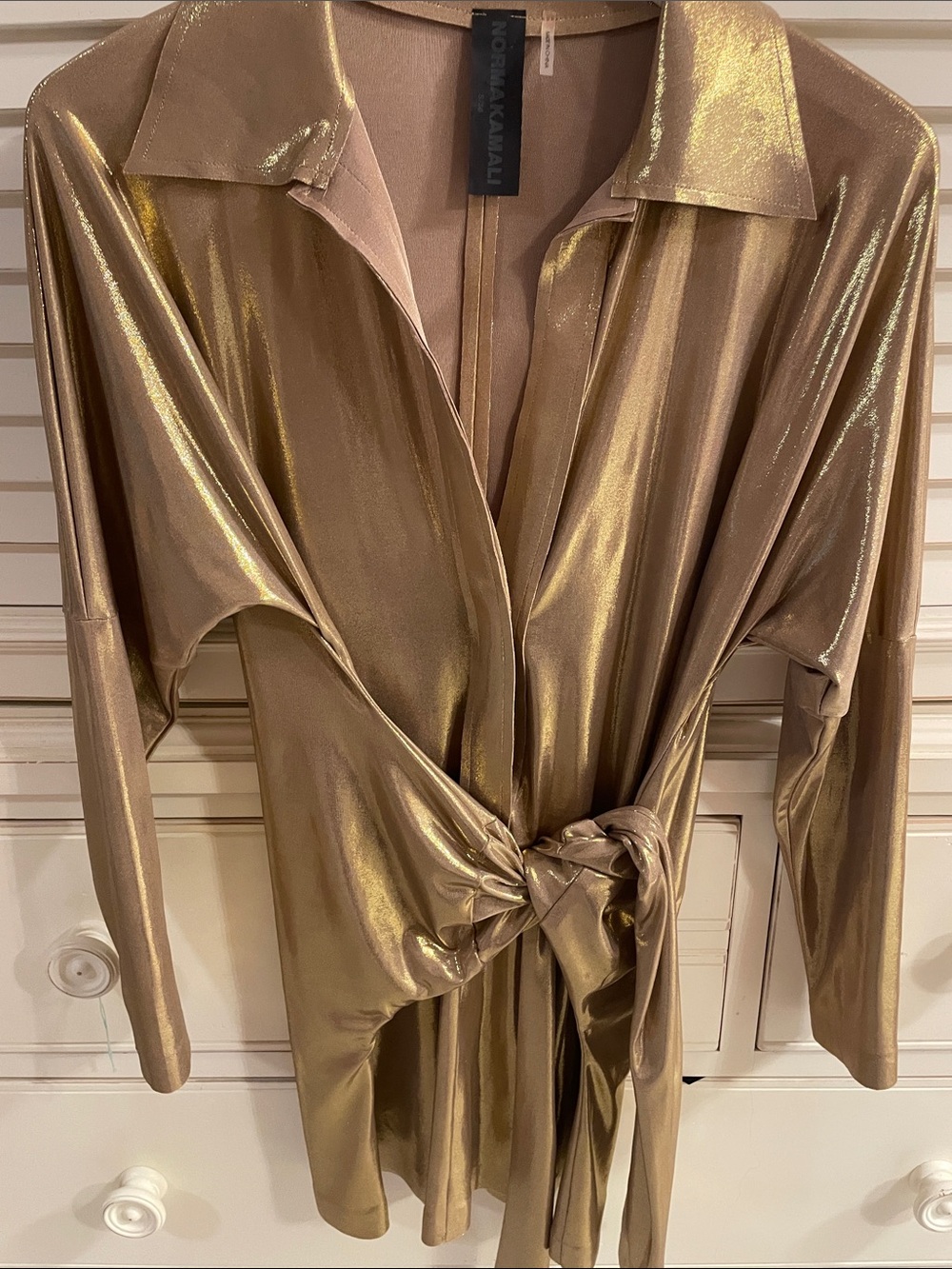Norma Kamali Metallic Gold Mini Dress with Tie Front